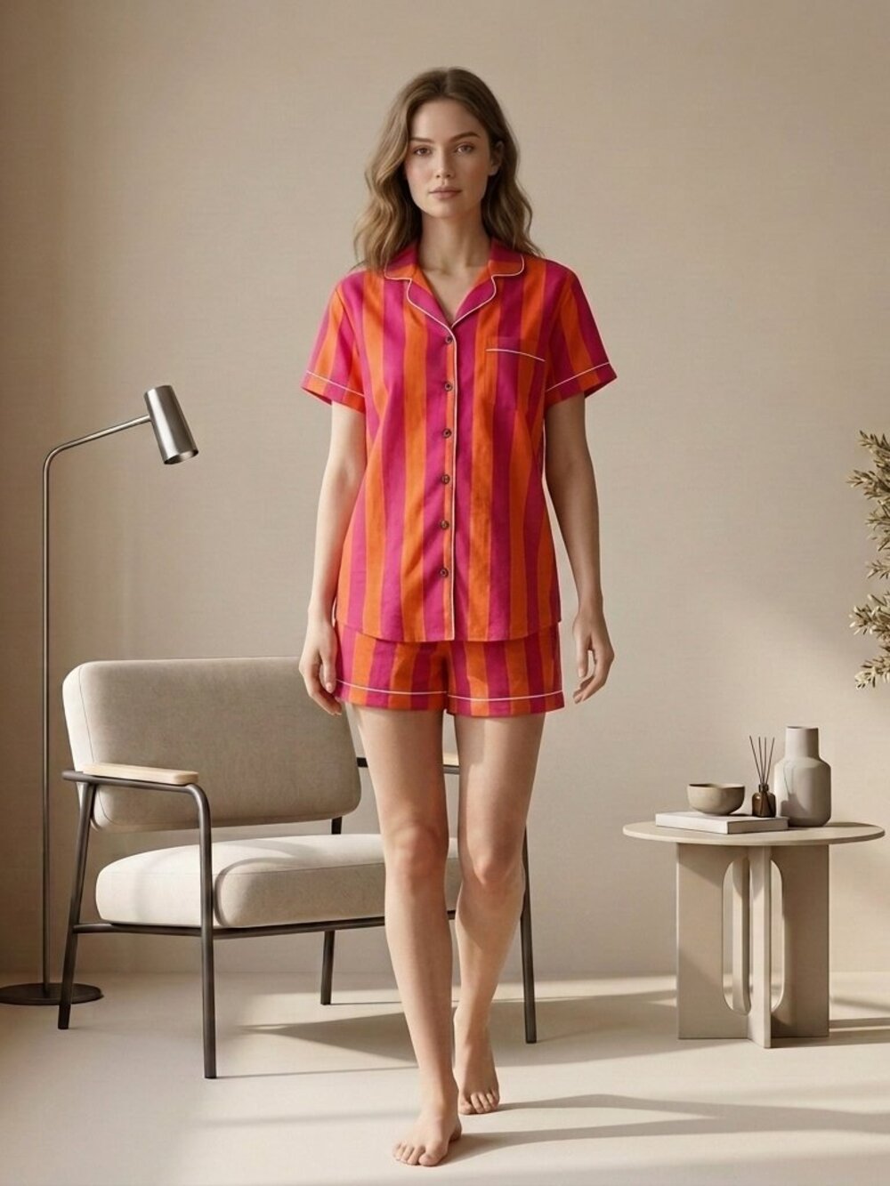 Vibrant Pink Cotton Pajama Set for Women, Summer Shorts Set